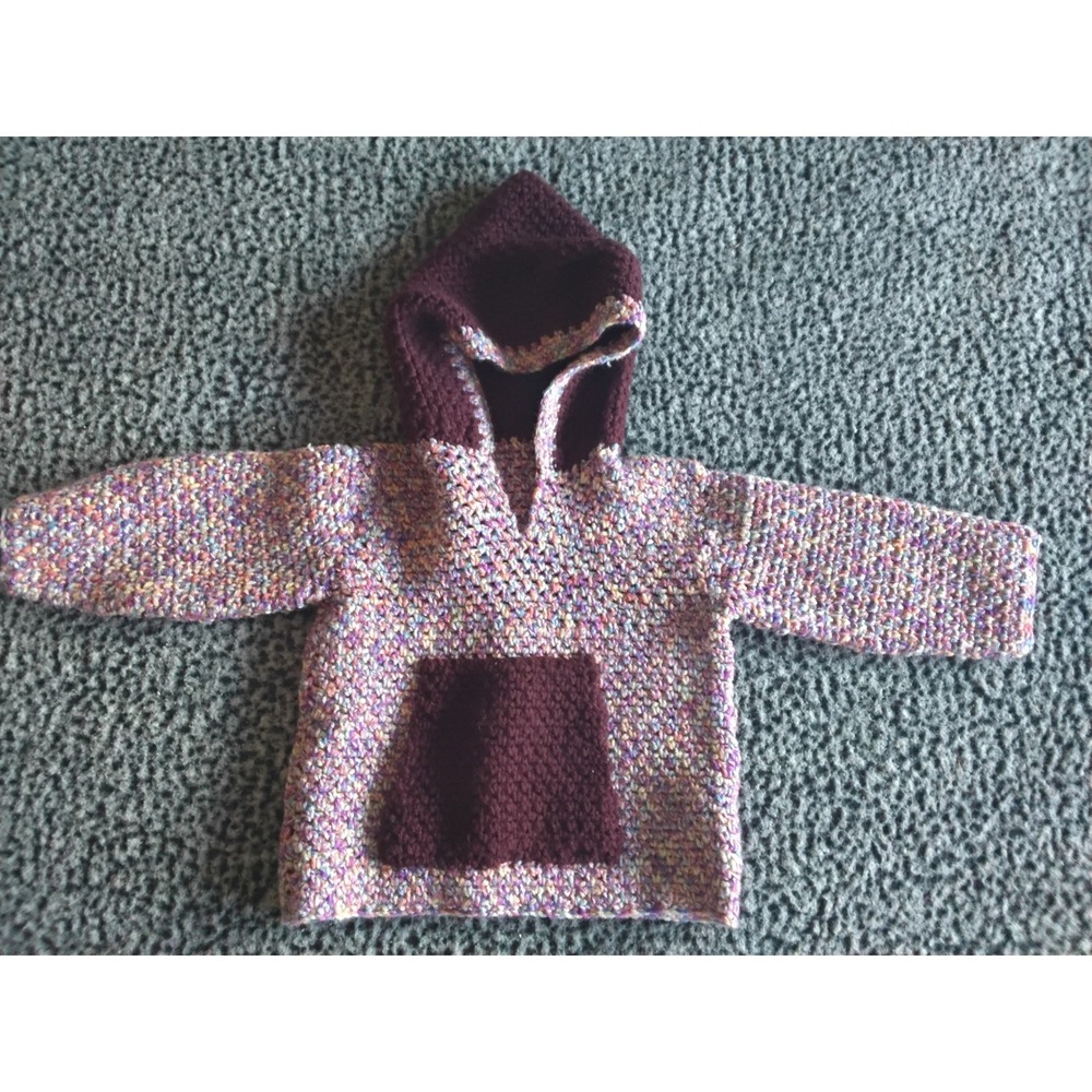 Handmade Crochet Kids Hoodie Multi Color Purple Pink Pullover Kangaroo Pocket